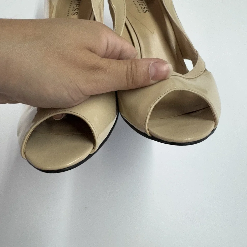 Guess Heels Women 10M Beige Chambery Patent Cutout Stiletto‎ Peep Toe